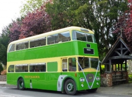 Green double deck bus for weddings in Birmingham
