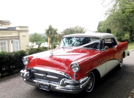 Red American classic car for weddings in Woking