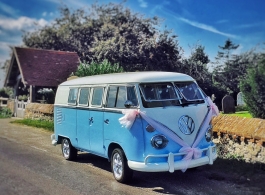 White and Blue Campervan for wedding hire in Ashford